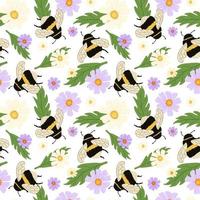 lindo abejorro en patrón sin costuras de pradera. fondo de verano de abeja y flores. vector