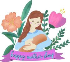 Mothers day drawing poster illustrator vector isolated on white background. Flower floral design female character. Greeting template art card flat design concept cute, young beautiful nature.