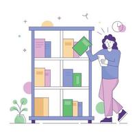 estante de libros de una biblioteca, ilustración de carácter plano vector