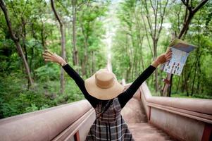 Young tourists and a map with a smile are happy to travel to various locations. photo