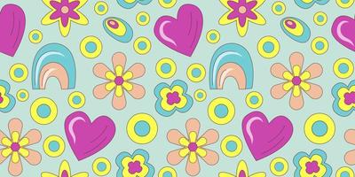 patrón maravilloso en estilo garabato sobre fondo colorido. Patrón floral retro de los años 70 con corazón y arco iris. ilustración maravillosa de vector simple