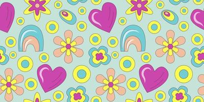 Groovy pattern in doodle style on colorful background. 70s retro floral seamless pattern with heart and rainbow. Simple vector groovy illustration