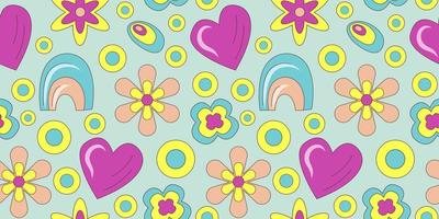 Groovy pattern in doodle style on colorful background. 70s retro floral seamless pattern with heart and rainbow. Simple vector groovy illustration