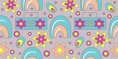 Groovy pattern in doodle style on colorful background. 70s retro floral seamless pattern with music and rainbow. Simple vector groovy illustration