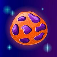Fantasy planet cartoon with crater. Orange and purple magic hot round planet. Cartoon vector illustration. Ui design