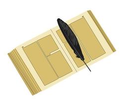 Old open book and ravens feather. vector