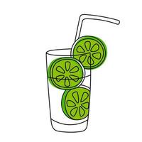 Hand drawn glass of lemonade with lime and straw. vector