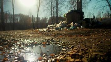Huge pile of garbage lying near trash can standing by birch polluting environment in park at autumn sunset close view slow motion video