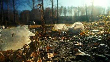 Contenedores y bolsas de plástico vacíos se encuentran en un montón de basura entre la hierba y las hojas caídas en el entorno contaminante del parque en cámara lenta video