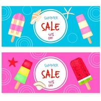 Summer sale design with different types of ice cream on a stick, starfish,shells, bright colorful background banner layouts, Voucher Discount. Vector illustration template.
