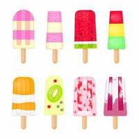 Assorted ice cream, sweet summer popsicles on a stick, with different flavors, watermelon, kiwi, mango, vanilla, for web design or printing on textiles, postcard or packaging, vector illustration