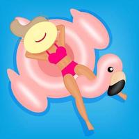 The girl is young, swims on an inflatable flamingo, in a hat, View from the top, in a turquoise pool on vacation, vector illustration.