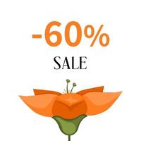 Sale banner with orange flower and 60 percent discount. May be used for ads, promotions, websites, magazines. Vector illustration.