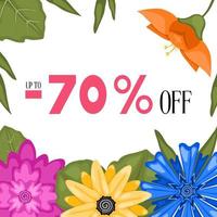 Sale banner with colorful flowers and 70 percent discount. May be used for ads, promotions, websites, magazines. Vector illustration.