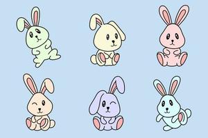 Set Collection Cute Rabbit Bunny pose face ears Flat art animals doodles vector