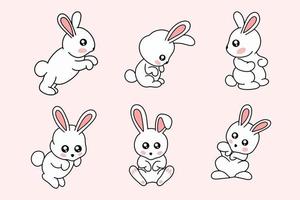 Set Collection Cute Rabbit Bunny pose face ears Flat art animals doodles vector