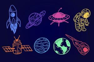 conjunto colección espacio planetario galaxia planetas dibujos animados astronauta dibujado a mano colorido garabato arte plano vector
