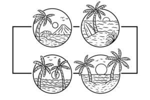 set colección playa buen rollo atardecer cocotero relajante ola surf insignias ilustración vector