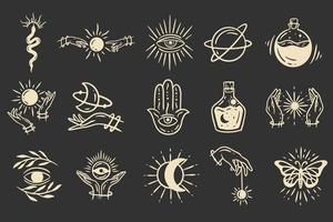 Set Collection Magical Celestial Element Dark Holly Doodle esoteric spiritual occultism vintage boho line hand drawn vector