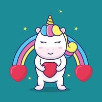 lindo unicornio trae una almohada en forma de corazón, adecuada para libros infantiles, tarjetas de cumpleaños, día de san valentín, calcomanías, portadas de libros, tarjetas de felicitación, impresión. vector