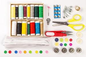 Top view, a set of threads, needles, buttons and other accessories for sewing