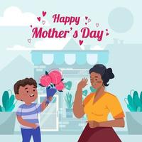 Son Gives Flower Bouquet to Mother Concept vector