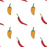 Peppers seamless pattern for wallpaper design.Two kid of pepper. Fresh ripe color food. Organic healthy vegetable.  food. Cartoon pattern on white backdrop. Vector doodle design.
