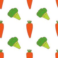 Carrot and broccoli  seamless pattern for wallpaper design. Fresh ripe color food. Organic healthy vegetable.  Raw, vegan, vegetarian food. Cartoon pattern on white backdrop. Vector doodle design.