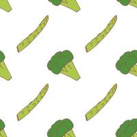 Broccoli and asparagus seamless pattern for wallpaper design. Fresh ripe color food. Organic healthy vegetable.  Raw, vegan, vegetarian food. Cartoon pattern on white backdrop. Vector doodle design.