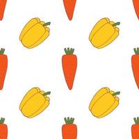 Carrot and pepper seamless pattern for wallpaper design. Fresh ripe color food. Organic healthy vegetable.  Raw, vegan, vegetarian food. Cartoon pattern on white backdrop. Vector doodle design.