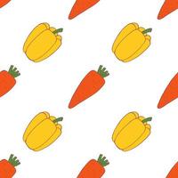 Carrot and pepper seamless pattern for wallpaper design. Fresh ripe color food. Organic healthy vegetable.  Raw, vegan, vegetarian food. Cartoon pattern on white backdrop. Vector doodle design.