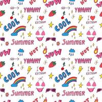 Summer pop art seamless pattern in cartoon style with decoration element such strawberry, rainbow, bikini, sunglasses, icecream etc. on white background. Seamless vector texture.