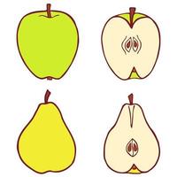 Hand drawn line art cartoon apple and pear. Isolated vector flat illustration.