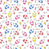 Summer pop art seamless pattern in cartoon style with decoration element such strawberry, rainbow, bikini, sunglasses, icecream etc. on white background. Seamless vector texture.
