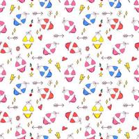 Summer pop art seamless pattern in cartoon style with decoration element such strawberry, rainbow, bikini, sunglasses, icecream etc. on white background. Seamless vector texture.