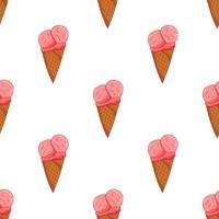Pink strawberry Ice cream seamless pattern. Summer card design. Vector cartoon illustration.
