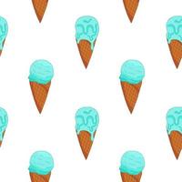 Blue  Ice cream in cone waffle seamless pattern. Summer card design. Vector cartoon illustration.