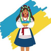 Ukrainian girl in national clothes on the background of the Ukrainian flag holds a yellow-blue heart in his hands. Vector illustration.