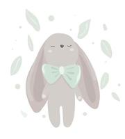 Cute gray rabbit. Toy rabbit with long ears with a bow. Soft toy.Design for card, print, book, kids story vector