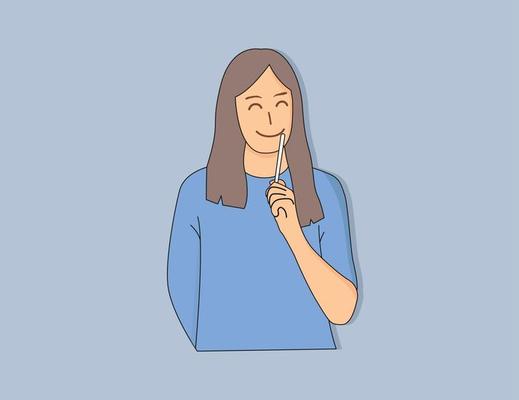 Doubt and question concept. Frustrated young woman cartoon character standing wondering with question mark over vector illustration.