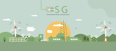 ESG concept, sustainable environment, society and governance and social government with wind turbines and solar panels. vector illustration banner