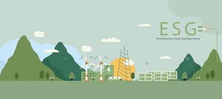 ESG concept, sustainable environment, society and governance and social government with wind turbines and solar panels. vector illustration banner