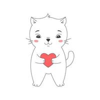 gato lindo sosteniendo un corazón, ilustración vectorial. gatito gracioso en estilo garabato para impresión y diseño. elemento aislado sobre fondo blanco. tarjeta de felicitación del día de san valentín, mascota de carácter feliz vector