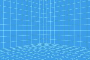 Grid room in perspective, vector illustration in 3d style. Indoor wireframe from blue lines, template interior square, digital empty box. Minimal background design