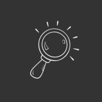 Magnify glass in doodle style, hand drawn sketch. Search symbol icon in cartoon style, vector illuistration. Isolated element on a black background for print and design. Lupe tool for detective