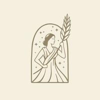 Illustration greek goddess in ancient Roman religion and myth hold wheat. Beer, bakery or beauty logo design template vector