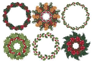 Set of Christmas wreath with winter floral elements. Vector illustration.