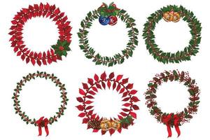 Set of christmas wreath with winter floral elements. Vector illustration.