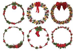 Set of christmas wreath with winter floral elements. Vector illustration.