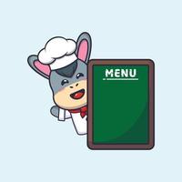 Lindo burro chef mascota personaje de dibujos animados con tablero de menú vector